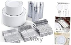 FOCUSLINE 600pcs Dinnerware Set for Rim Plastic Plates 100 Guests Silver