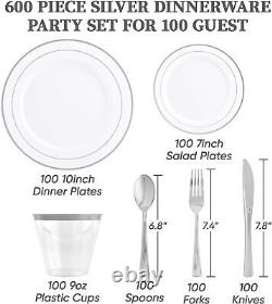 FOCUSLINE 600pcs Silver Dinnerware Set for 100 Guests, Silver Rim Plastic Plates