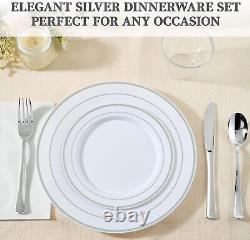 FOCUSLINE 600pcs Silver Dinnerware Set for 100 Guests, Silver Rim Plastic Plates