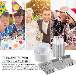 FOCUSLINE 600pcs Silver Dinnerware Set for 100 Guests, Silver Rim Plastic Plates