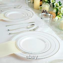 FOCUSLINE 600pcs Silver Dinnerware Set for 100 Guests, Silver Rim Plastic Plates