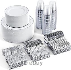 FOCUSLINE 600pcs Silver Dinnerware Set for 100 Guests, Silver Rim Plastic Plates