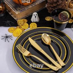 Food Safe Shatterproof Gold Rimmed Disposable Dinnerware Set 100 Guests New
