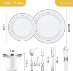 Goodluck 350 Piece Silver Plastic Dinnerware Set for 50 Guests, Fancy
