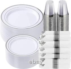 Goodluck 350 Piece Silver Plastic Dinnerware Set for 50 Guests, Fancy Disposable