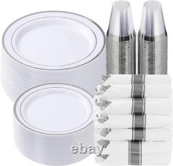 Goodluck 350 Piece Silver Plastic Dinnerware Set for 50 Guests, Fancy Disposable