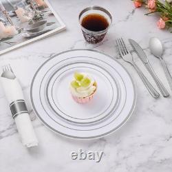 Goodluck 350 Piece Silver Plastic Dinnerware Set for 50 Guests, Fancy Disposable