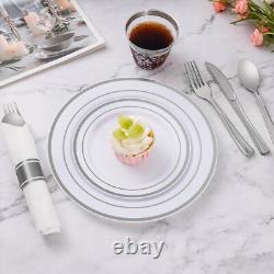 Goodluck 350 Piece Silver Plastic Dinnerware Set for 50 Guests, Fancy Disposable