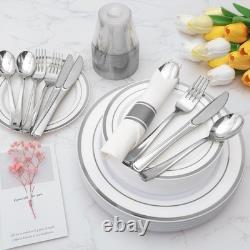 Goodluck 350 Piece Silver Plastic Dinnerware Set for 50 Guests, Fancy Disposable