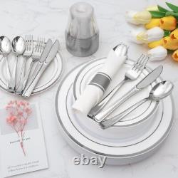 Goodluck 350 Piece Silver Plastic Dinnerware Set for 50 Guests, Fancy Disposable