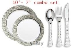 Hammered Head Silver Rim Disposable Plastic Plate Set WithSilver Metallic Cutlery