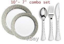 Hammered Head Silver Rim Disposable Plastic Plate Set WithSilver Metallic Cutlery