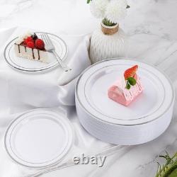 Heavy Duty Disposable Party Plates Set 600pc Elegant Gold Rim Plastic Dinnerware