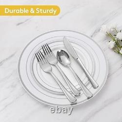 Heavy Duty Hard Plastic Silver Rim Dishware 600 Piece Glossy Finish