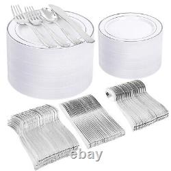 I00000 600pcs Silver Dinnerware Set for 100 Guests, Silver Rim Plastic Plates