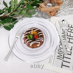 I00000 600pcs Silver Dinnerware Set for 100 Guests, Silver Rim Plastic Plates