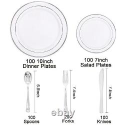 I00000 600pcs Silver Dinnerware Set for 100 Guests, Silver Rim Plastic Plates