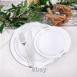 I00000 600pcs Silver Dinnerware Set for 100 Guests, Silver Rim Plastic Plates