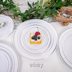 I00000 600pcs Silver Dinnerware Set for 100 Guests, Silver Rim Plastic Plates