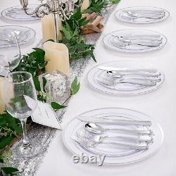 I00000 600pcs Silver Dinnerware Set for 100 Guests, Silver Rim Plastic Plates