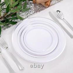 I00000 600pcs Silver Dinnerware Set for 100 Guests, Silver Rim Plastic Plates