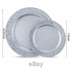 Iooooo 102 Pieces Silver Plastic Plates, Lace Rim Disposable Party Plates, Premi
