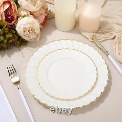 Ivory Plastic Plates with Gold Rim Heavy Duty Disposable Plates Includes Plas