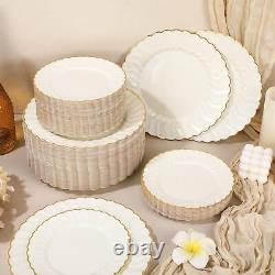 Ivory Plastic Plates with Gold Rim Heavy Duty Disposable Plates Includes Plas