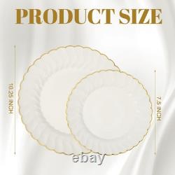 Ivory Plastic Plates with Gold Rim Heavy Duty Disposable Plates for Dessert