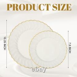 Ivory Plastic Plates with Gold Rim Heavy Duty Disposable Plates for Dessert