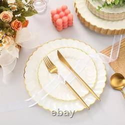 Ivory Plastic Plates with Gold Rim Heavy Duty Disposable Plates for Dessert