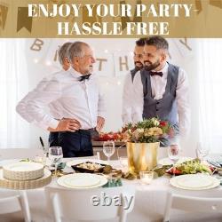 Ivory Plastic Plates with Gold Rim Heavy Duty Disposable Plates for Dessert