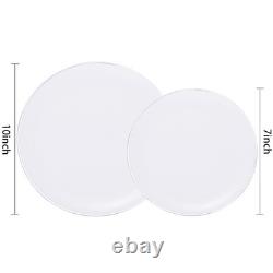 KIRE 200PCS Silver Plastic Plates White Plastic Plates with Silver Rim Inclu