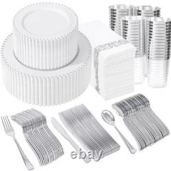 LIYH 350 Pcs Silver Plastic Dinnerware Set for 50 Guests Plastic Disposable
