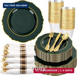Liacere 350PCS Green Plastic Plates Dark Green Disposable Plates With Gold Rim