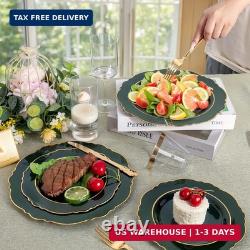 Liacere 350PCS Green Plastic Plates Dark Green Disposable Plates With Gold Rim