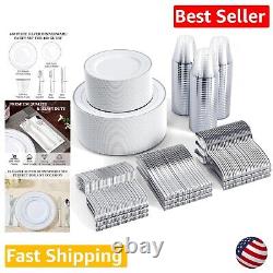 Luxurious Silver Rim Disposable Dinnerware Set for 100 Guests Classic Style