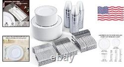 Luxurious Silver Rim Disposable Dinnerware Set for 100 Guests Classic Style