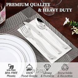 Luxurious Silver Rim Disposable Dinnerware Set for 100 Guests Classic Style