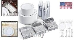 Luxury Silver Rim Plastic Dinnerware Set for 100 Guests 600-Piece Event Col