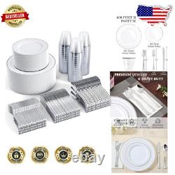 Luxury Silver Rimmed Disposable Dinnerware Set for 100 Perfect for Events