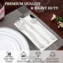 Luxury Silver Rimmed Disposable Dinnerware Set for 100 Perfect for Events