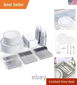 Luxury Silver Rimmed Disposable Dinnerware Set for Weddings & Events 50 Guests