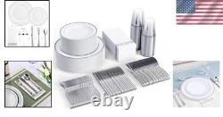 Luxury Silver Rimmed Disposable Dinnerware Set for Weddings & Events 50 Guests
