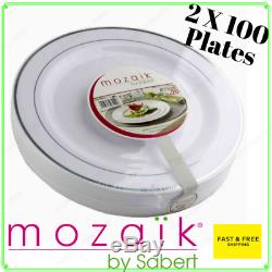 Mozaik 200 Disposable Silver Rimmed Plates 23cm Diameter Party Plastic Tableware