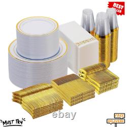 NEW 700 Piece Gold Dinnerware Set for 100 Guests Disposable Party Plates Cups Na