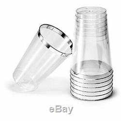 OCCASIONS Wedding Party Disposable Plastic Tumbler Cups Silver Rimmed, 14 Oz