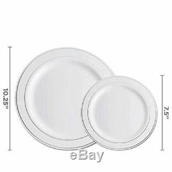 Party Tableware Set Plastic Disposable Dinnerware 100 Guests, Silver Rim 700 Pcs