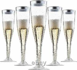 Plastic Champagne Flutes Disposable With Silver Rim Box Of 36 6.5 Oz Pack of 5