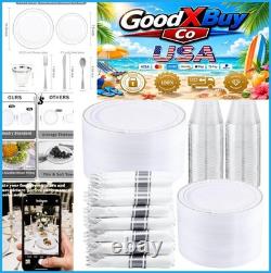 Plastic Dinnerware Set 350 Piece Silver Rim 10.25 Inch Dinner Plates 7.5 Inch